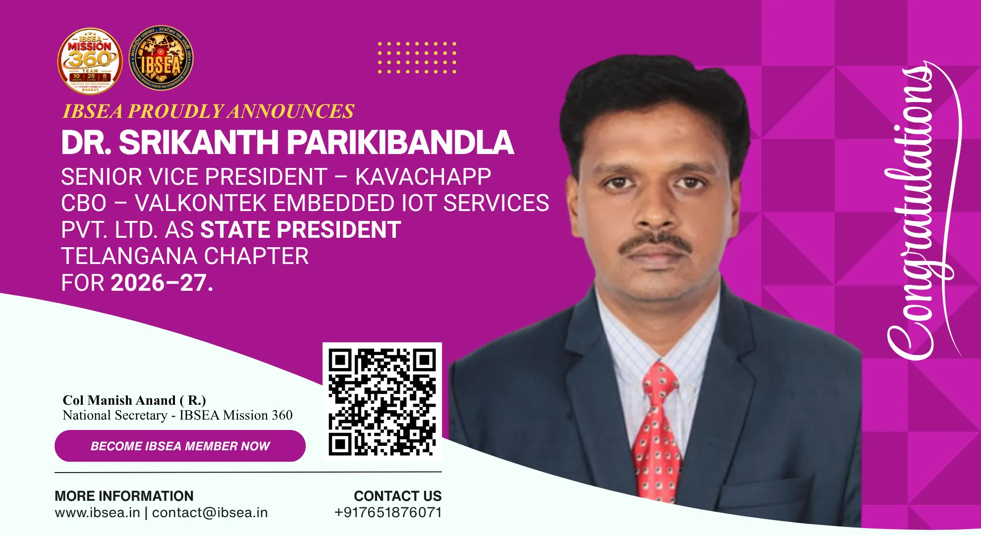 IBSEA Welcomes Dr. Srikanth Parikibandla as State President – Telangana | 2026–27